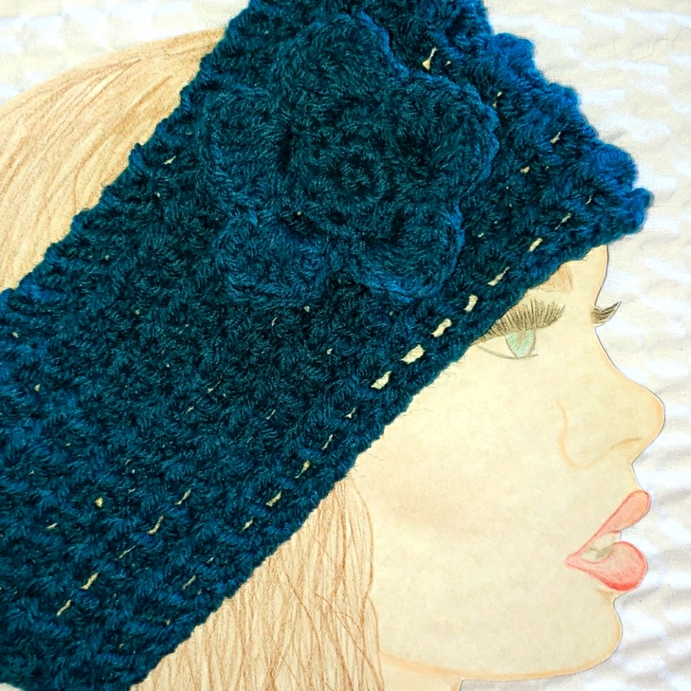 Turquoise Headband. Knitted Flower. Soft. Warm